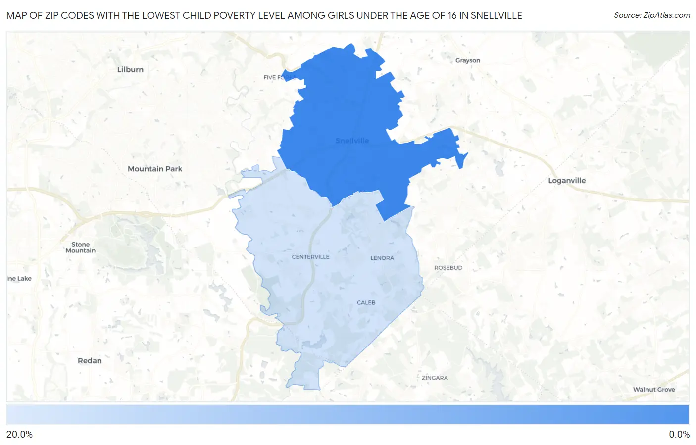 Zip Codes with the Lowest Child Poverty Level Among Girls Under the Age of 16 in Snellville Map