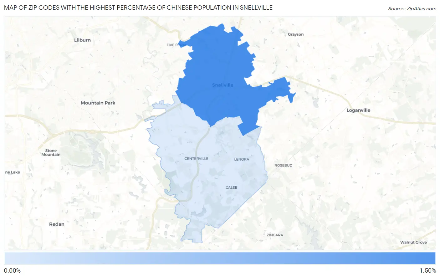 Zip Codes with the Highest Percentage of Chinese Population in Snellville Map