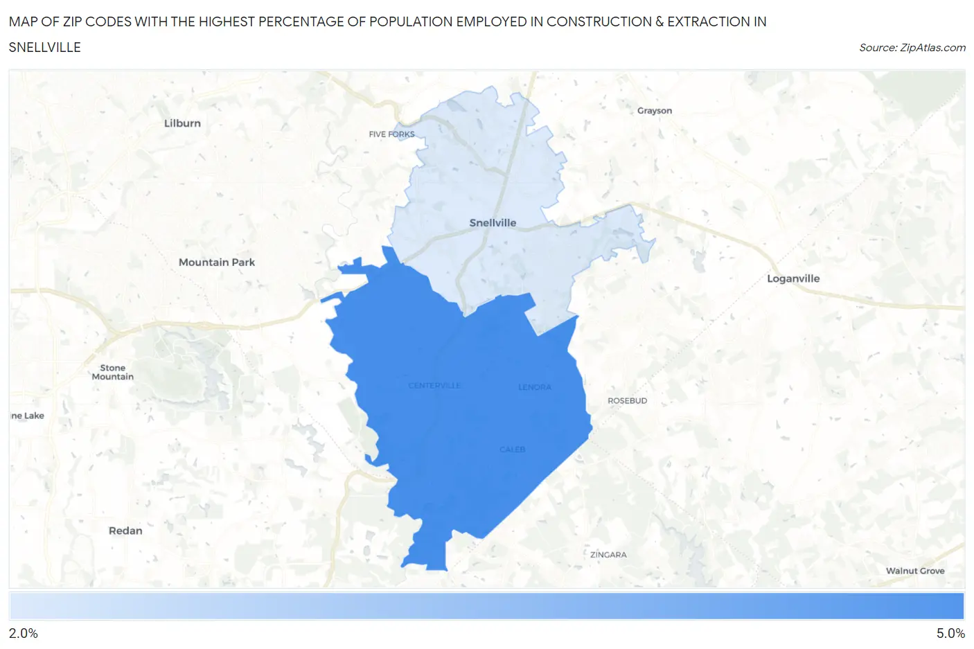 Zip Codes with the Highest Percentage of Population Employed in Construction & Extraction in Snellville Map