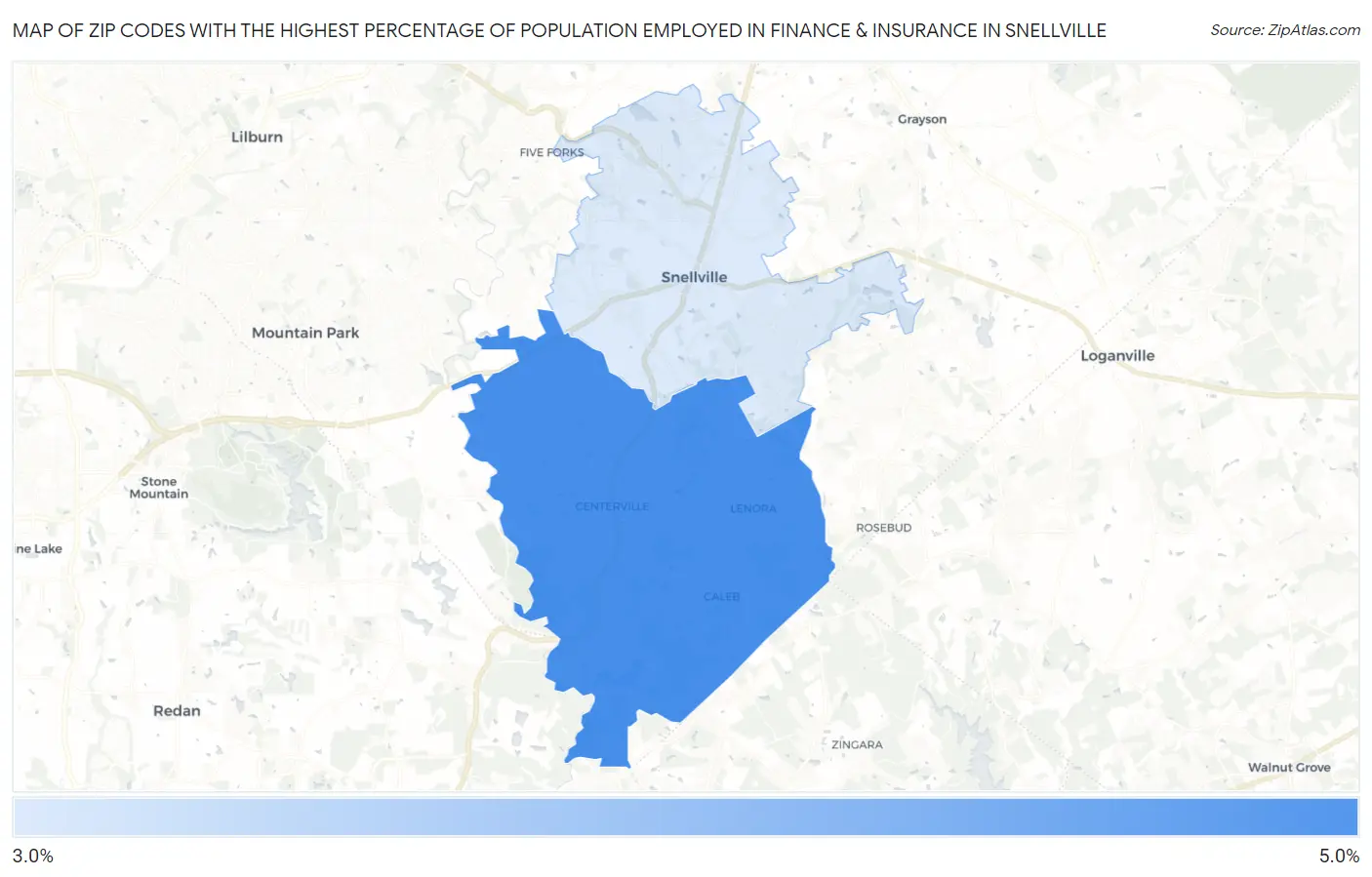 Zip Codes with the Highest Percentage of Population Employed in Finance & Insurance in Snellville Map