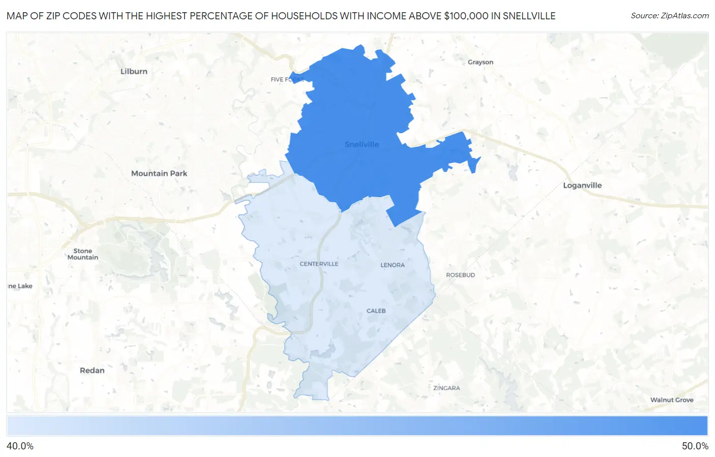 Zip Codes with the Highest Percentage of Households with Income Above $100,000 in Snellville Map