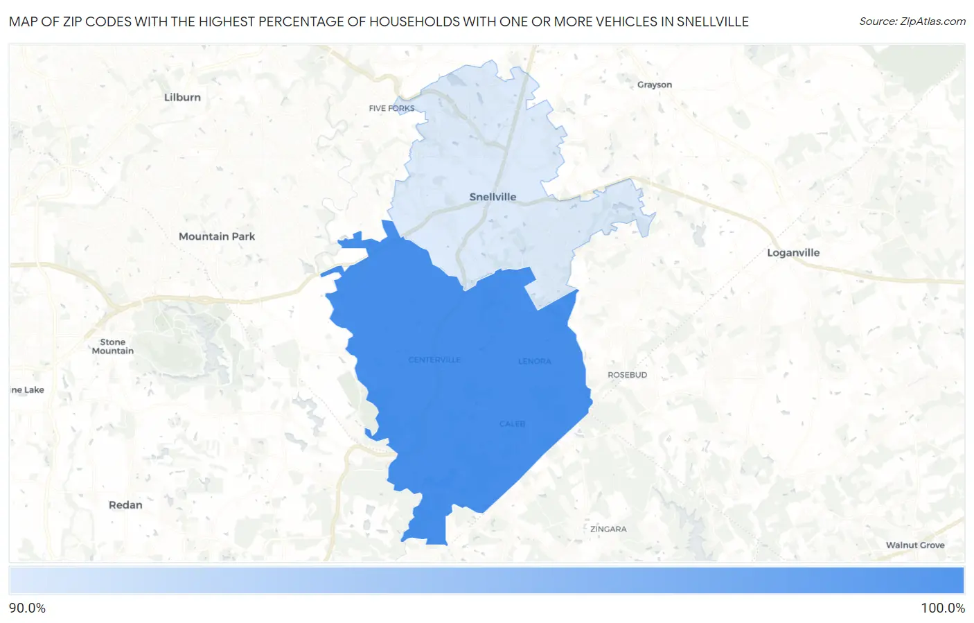 Zip Codes with the Highest Percentage of Households With One or more Vehicles in Snellville Map