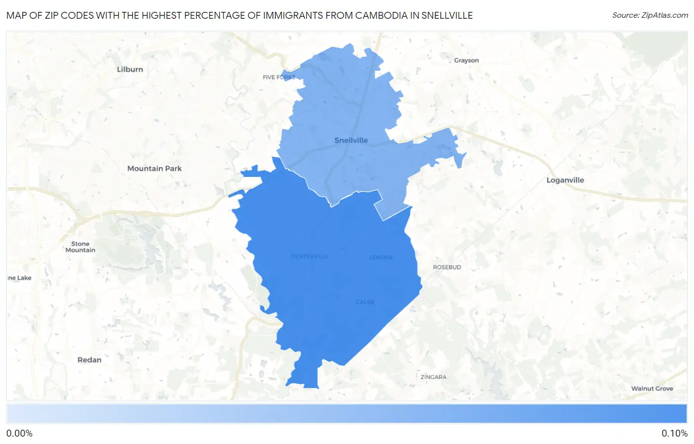 Zip Codes with the Highest Percentage of Immigrants from Cambodia in Snellville Map
