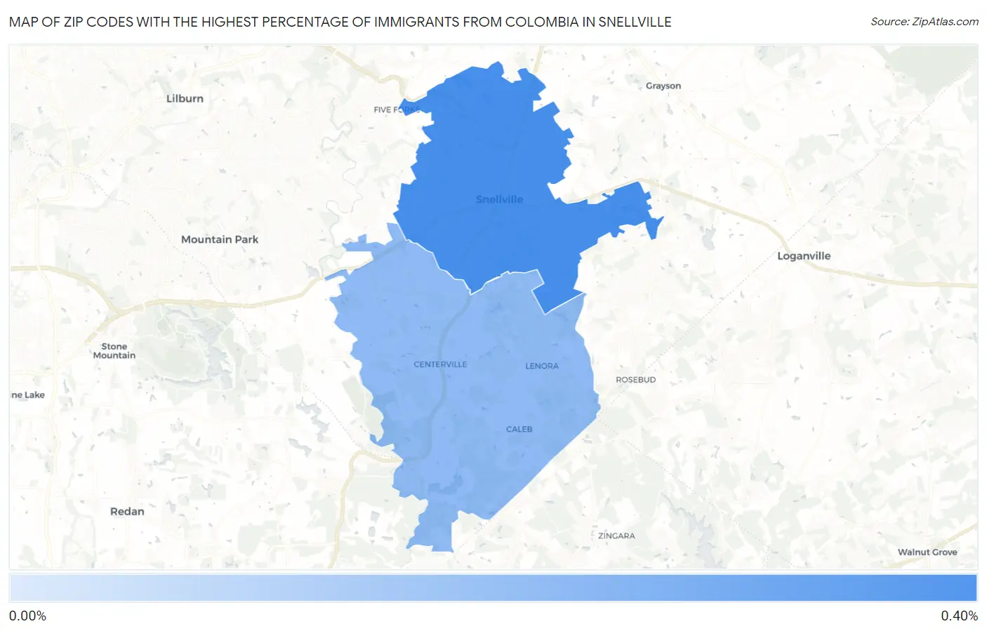 Zip Codes with the Highest Percentage of Immigrants from Colombia in Snellville Map