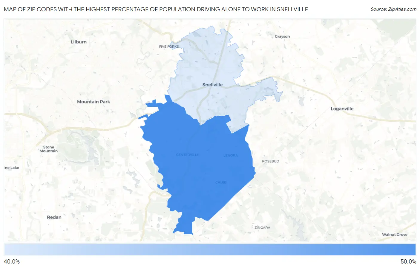 Zip Codes with the Highest Percentage of Population Driving Alone to Work in Snellville Map