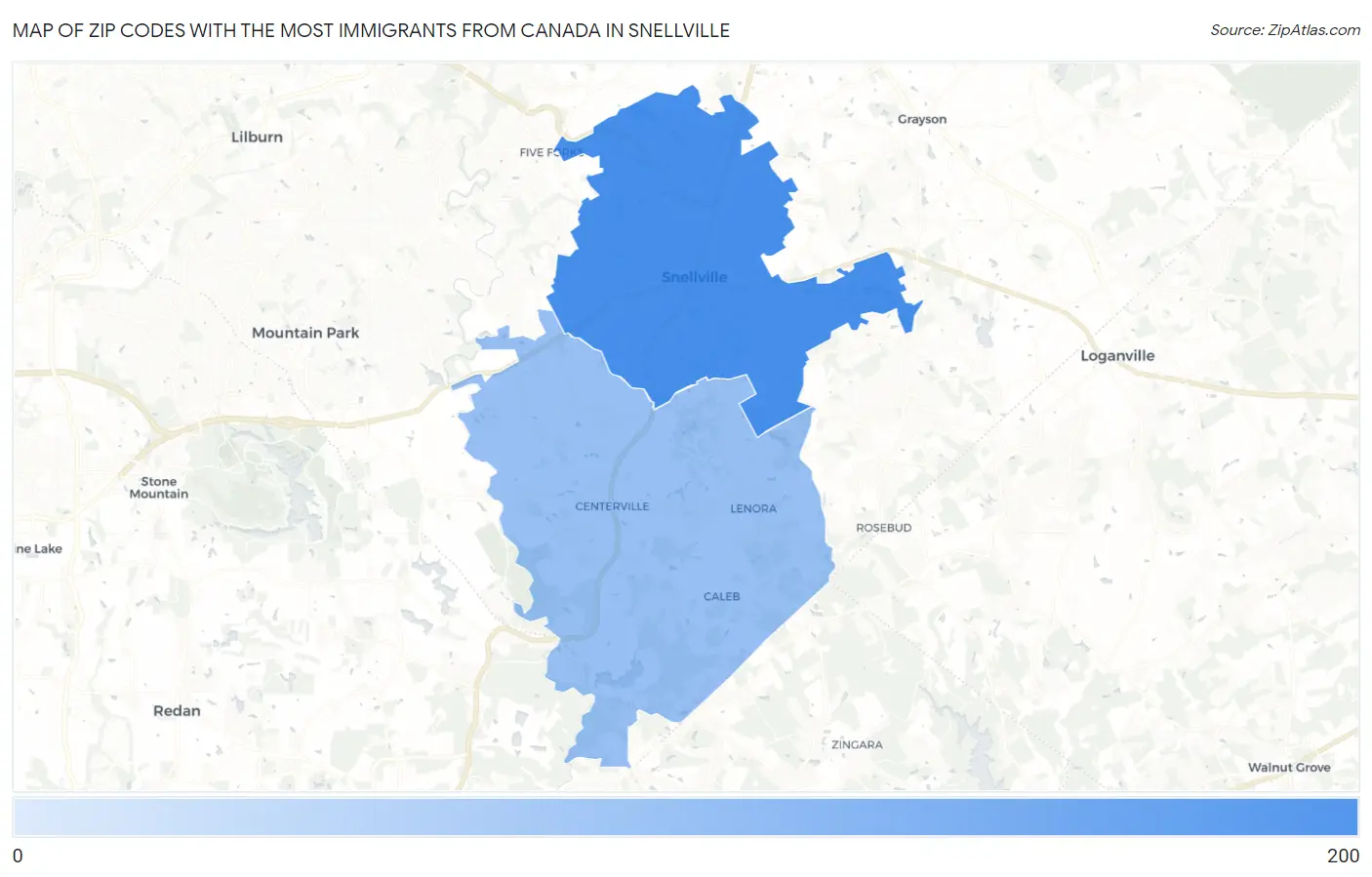 Zip Codes with the Most Immigrants from Canada in Snellville Map