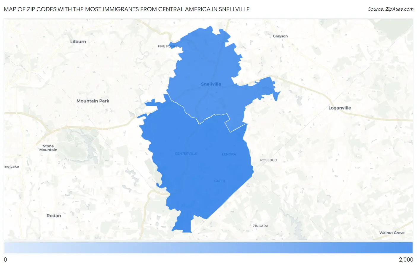 Zip Codes with the Most Immigrants from Central America in Snellville Map
