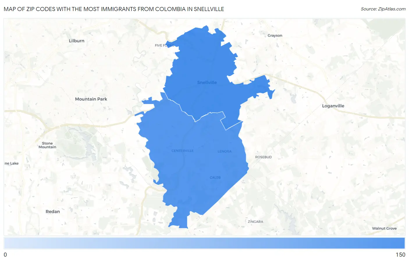 Zip Codes with the Most Immigrants from Colombia in Snellville Map