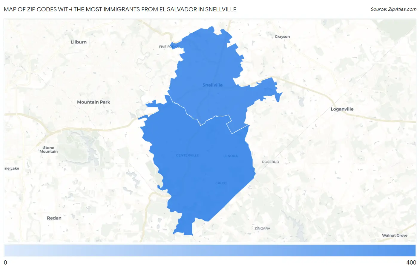Zip Codes with the Most Immigrants from El Salvador in Snellville Map