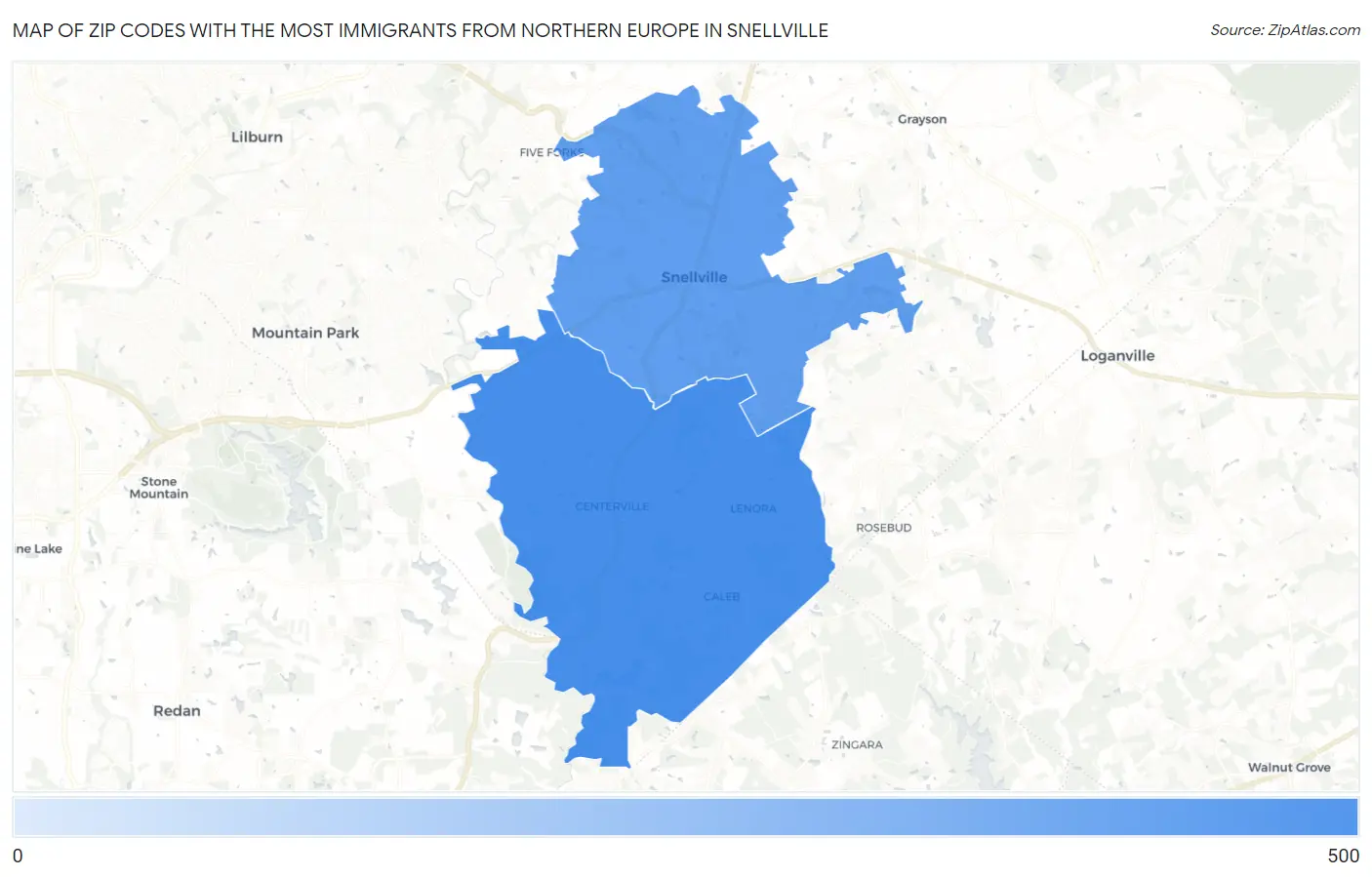 Zip Codes with the Most Immigrants from Northern Europe in Snellville Map