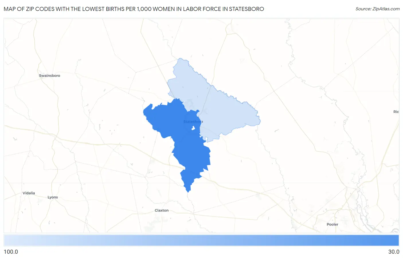 Zip Codes with the Lowest Births per 1,000 Women in Labor Force in Statesboro Map