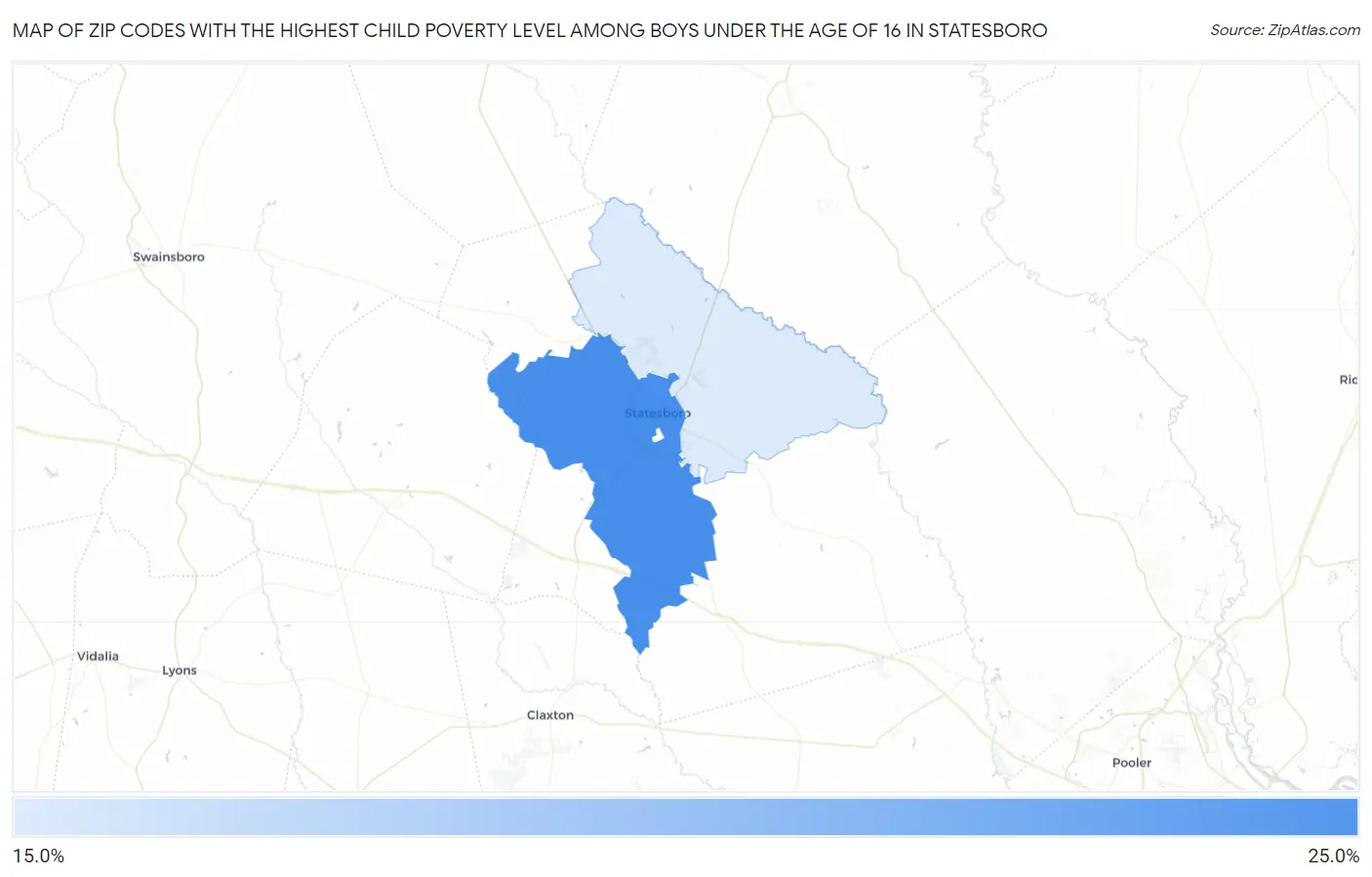 Zip Codes with the Highest Child Poverty Level Among Boys Under the Age of 16 in Statesboro Map