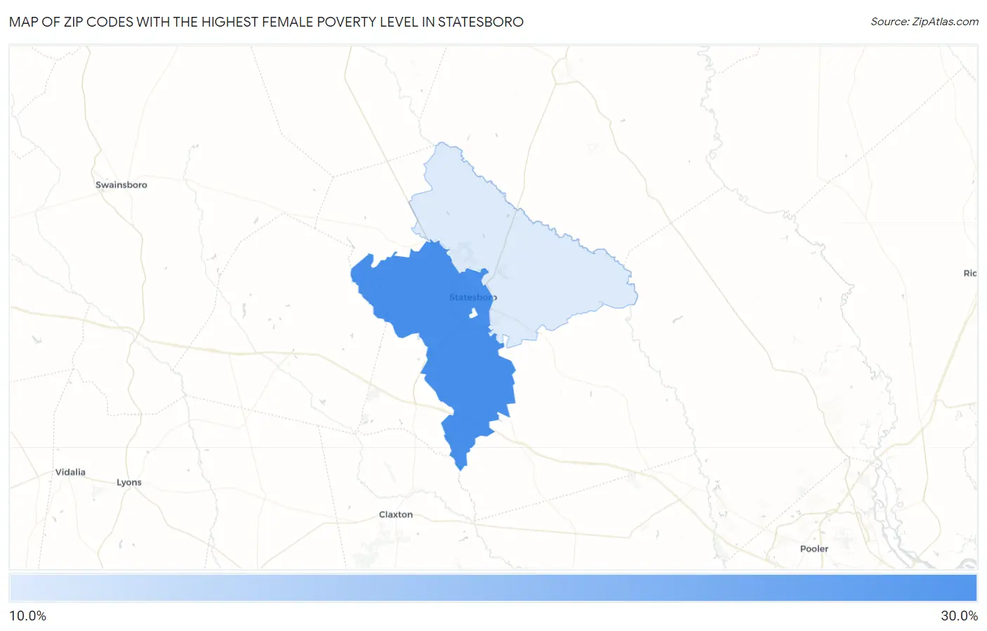 Zip Codes with the Highest Female Poverty Level in Statesboro Map