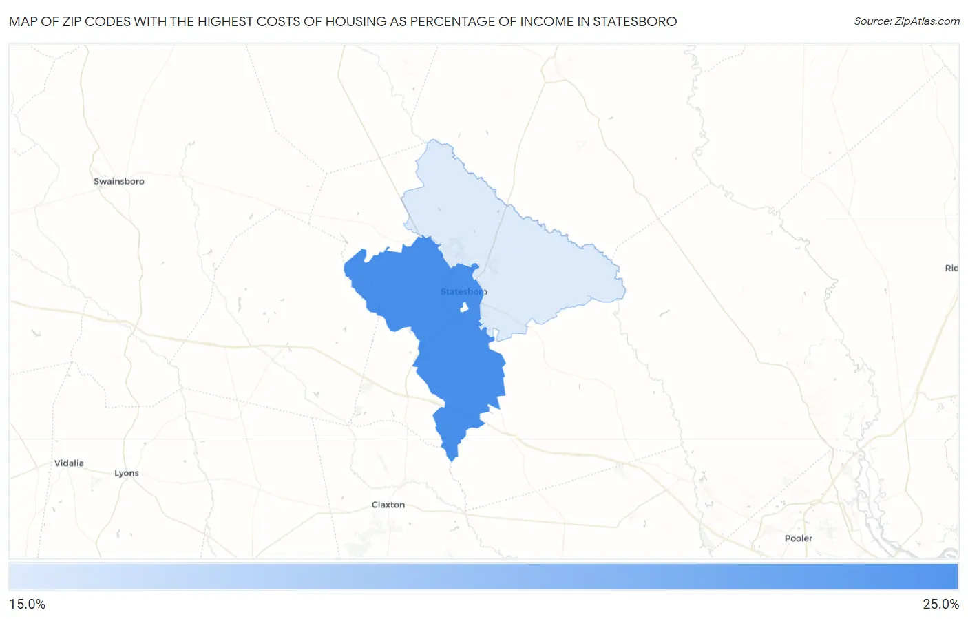 Zip Codes with the Highest Costs of Housing as Percentage of Income in Statesboro Map