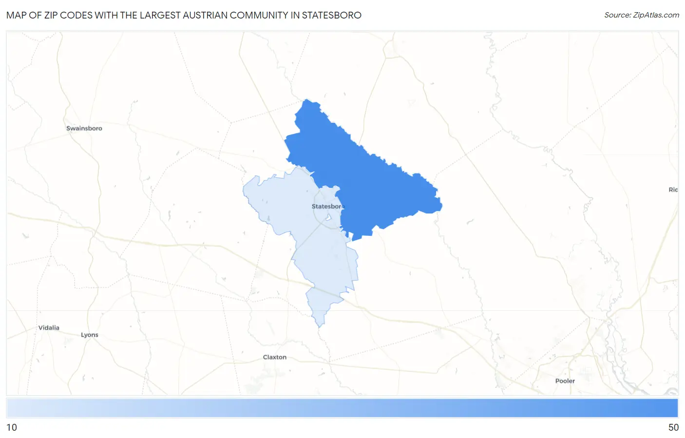 Zip Codes with the Largest Austrian Community in Statesboro Map