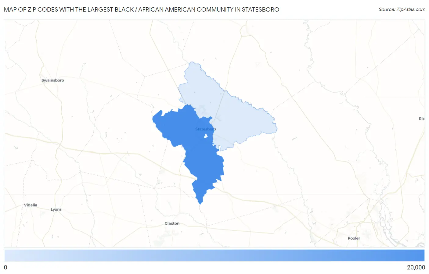 Zip Codes with the Largest Black / African American Community in Statesboro Map