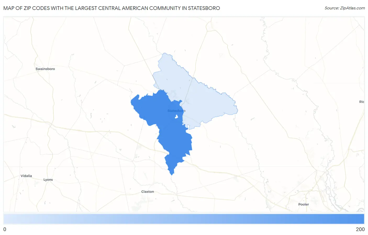Zip Codes with the Largest Central American Community in Statesboro Map