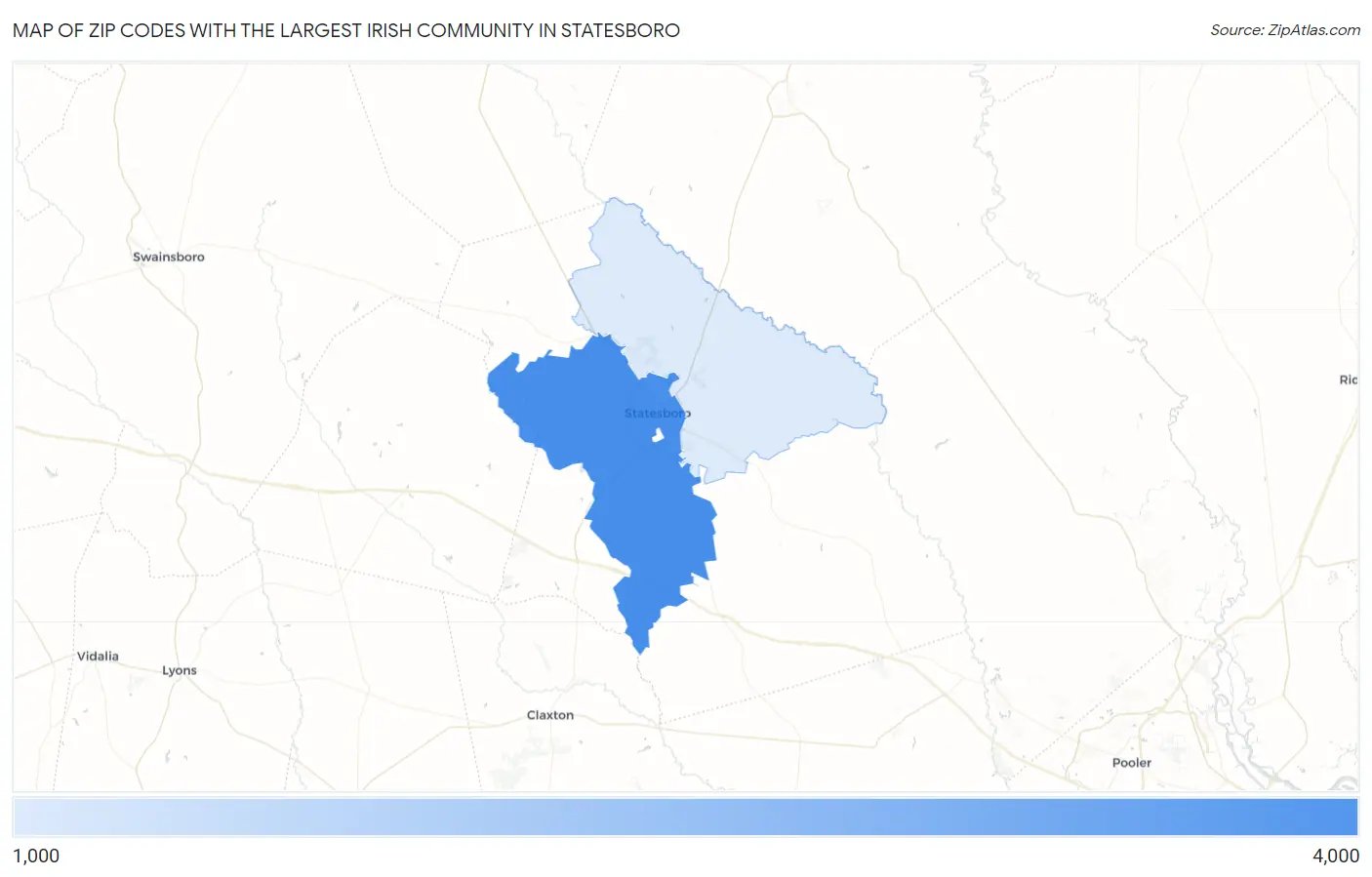 Zip Codes with the Largest Irish Community in Statesboro Map
