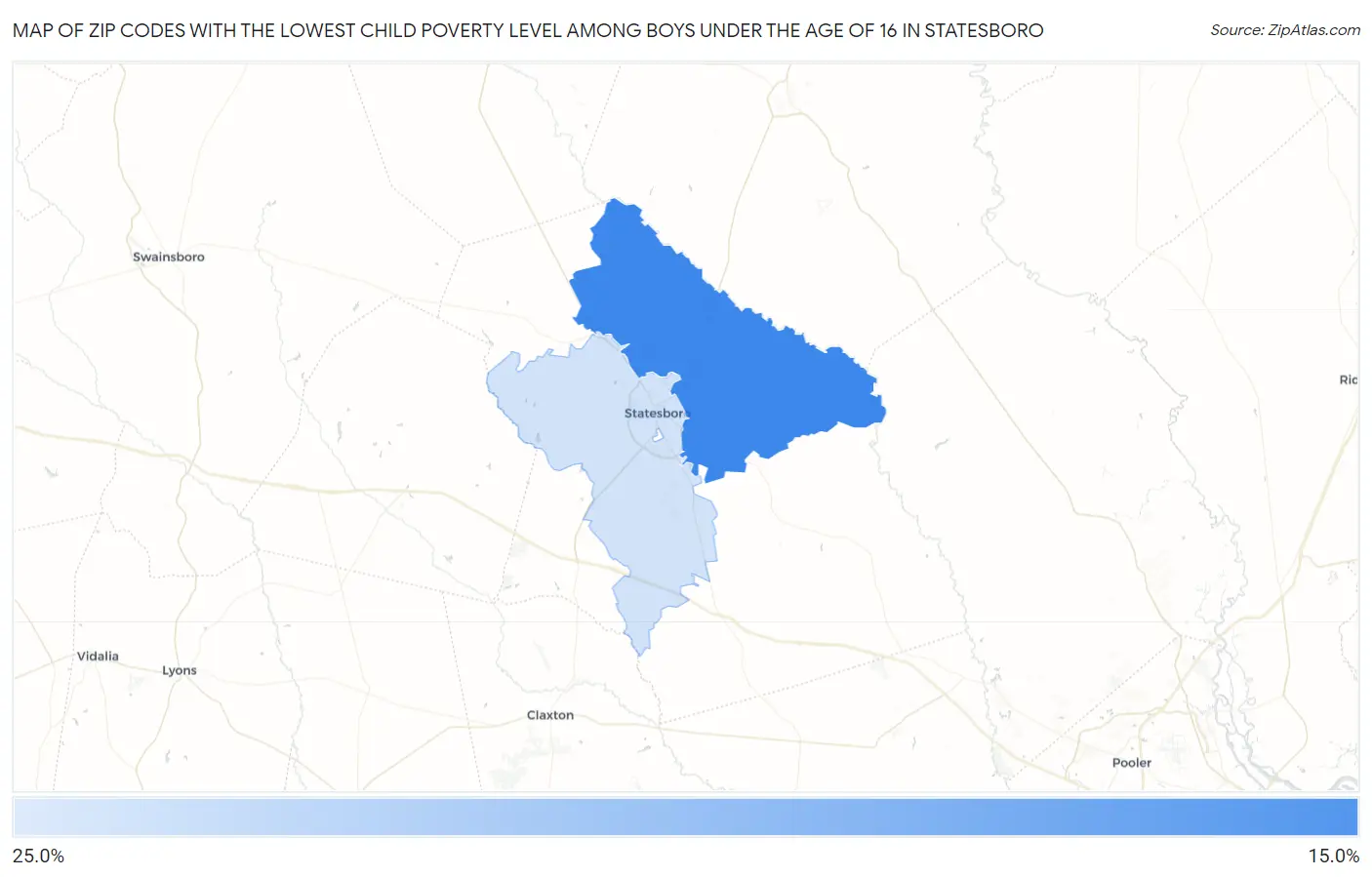Zip Codes with the Lowest Child Poverty Level Among Boys Under the Age of 16 in Statesboro Map