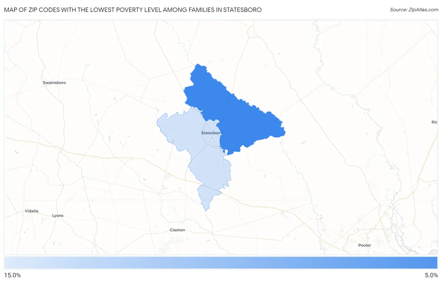 Zip Codes with the Lowest Poverty Level Among Families in Statesboro Map