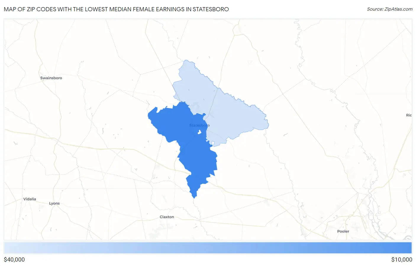 Zip Codes with the Lowest Median Female Earnings in Statesboro Map
