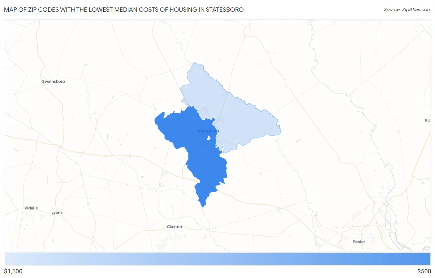 Zip Codes with the Lowest Median Costs of Housing in Statesboro Map