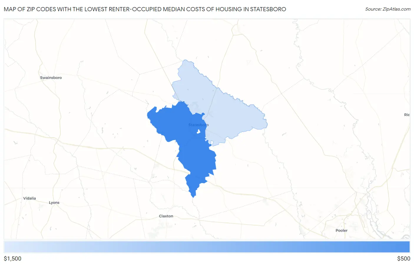 Zip Codes with the Lowest Renter-Occupied Median Costs of Housing in Statesboro Map