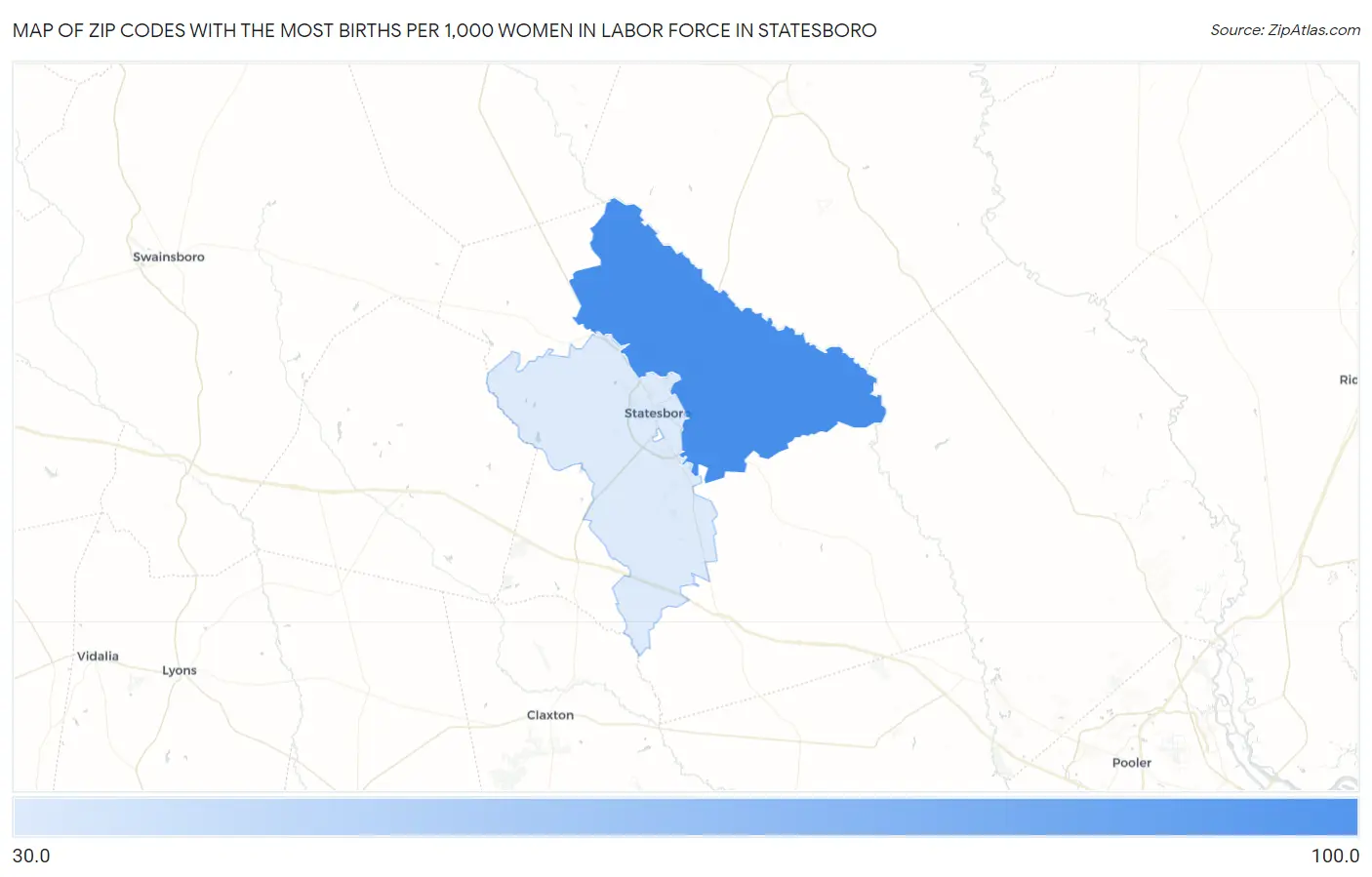 Zip Codes with the Most Births per 1,000 Women in Labor Force in Statesboro Map