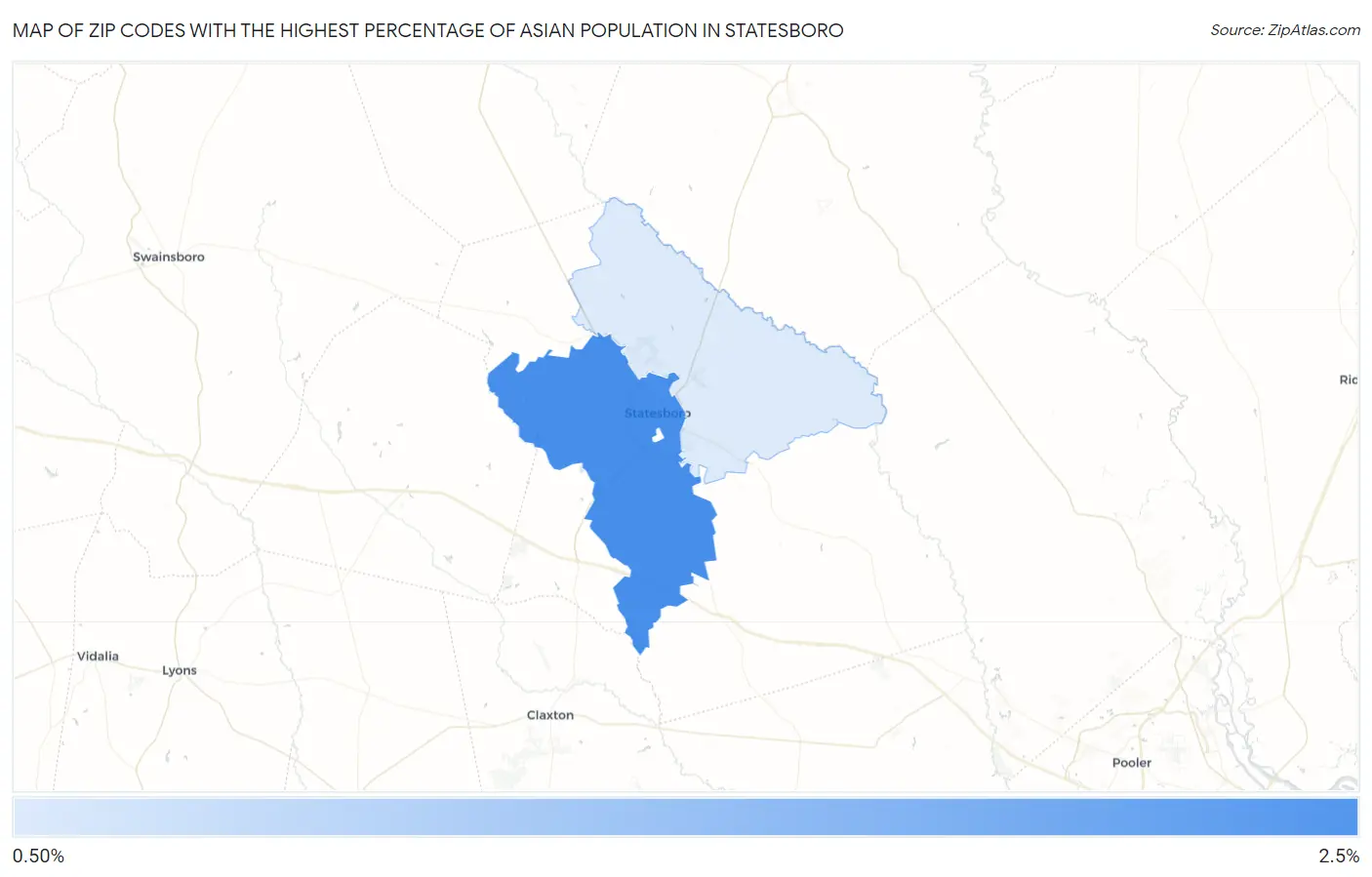 Zip Codes with the Highest Percentage of Asian Population in Statesboro Map