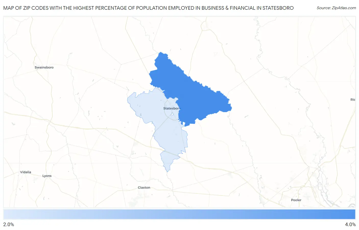 Zip Codes with the Highest Percentage of Population Employed in Business & Financial in Statesboro Map