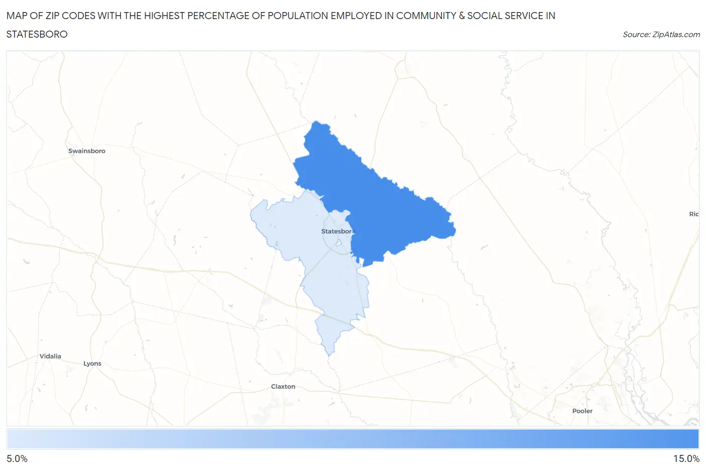 Zip Codes with the Highest Percentage of Population Employed in Community & Social Service  in Statesboro Map