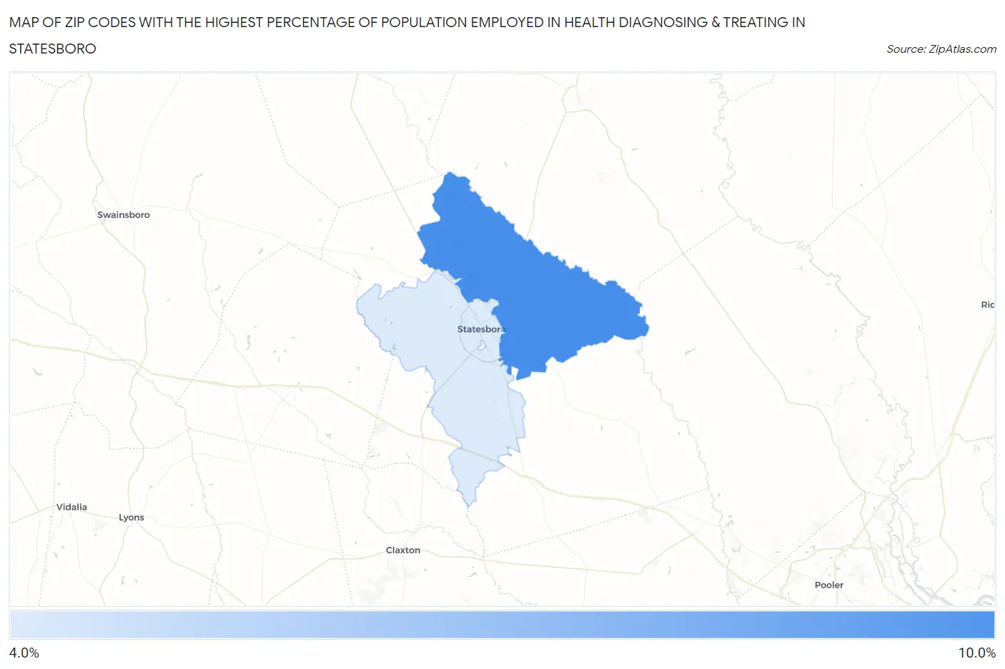 Zip Codes with the Highest Percentage of Population Employed in Health Diagnosing & Treating in Statesboro Map
