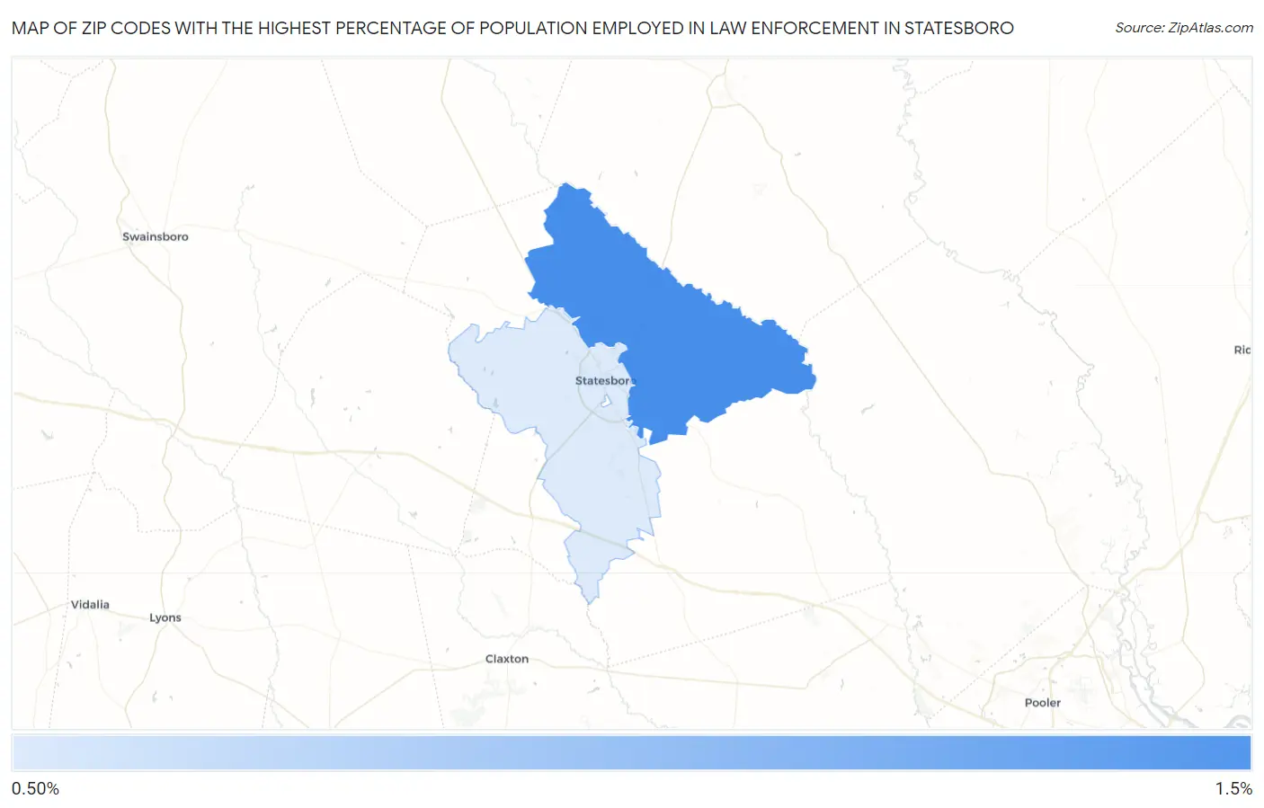 Zip Codes with the Highest Percentage of Population Employed in Law Enforcement in Statesboro Map