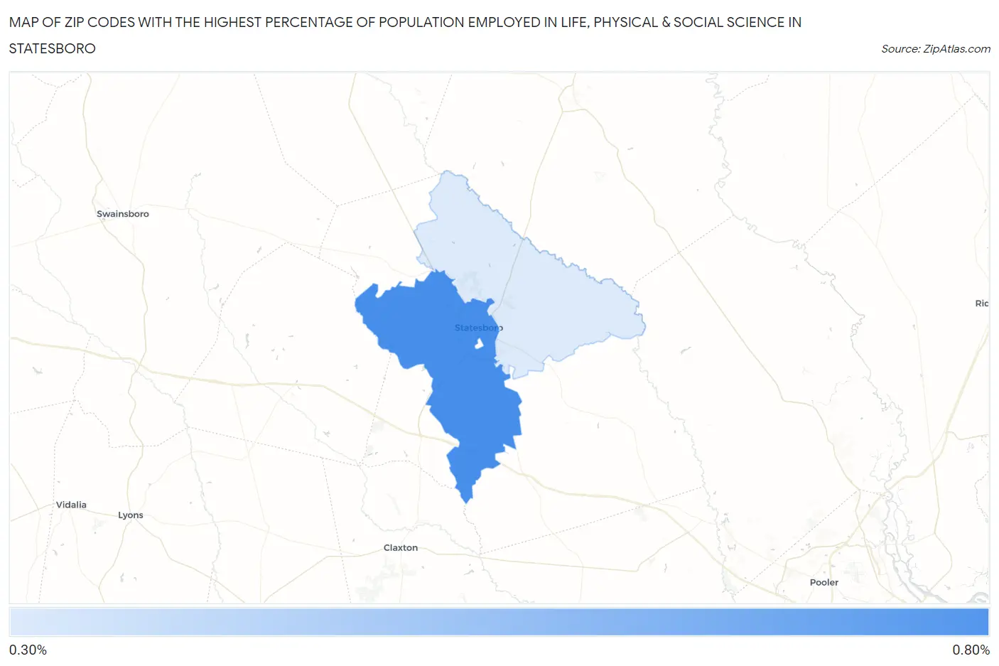 Zip Codes with the Highest Percentage of Population Employed in Life, Physical & Social Science in Statesboro Map