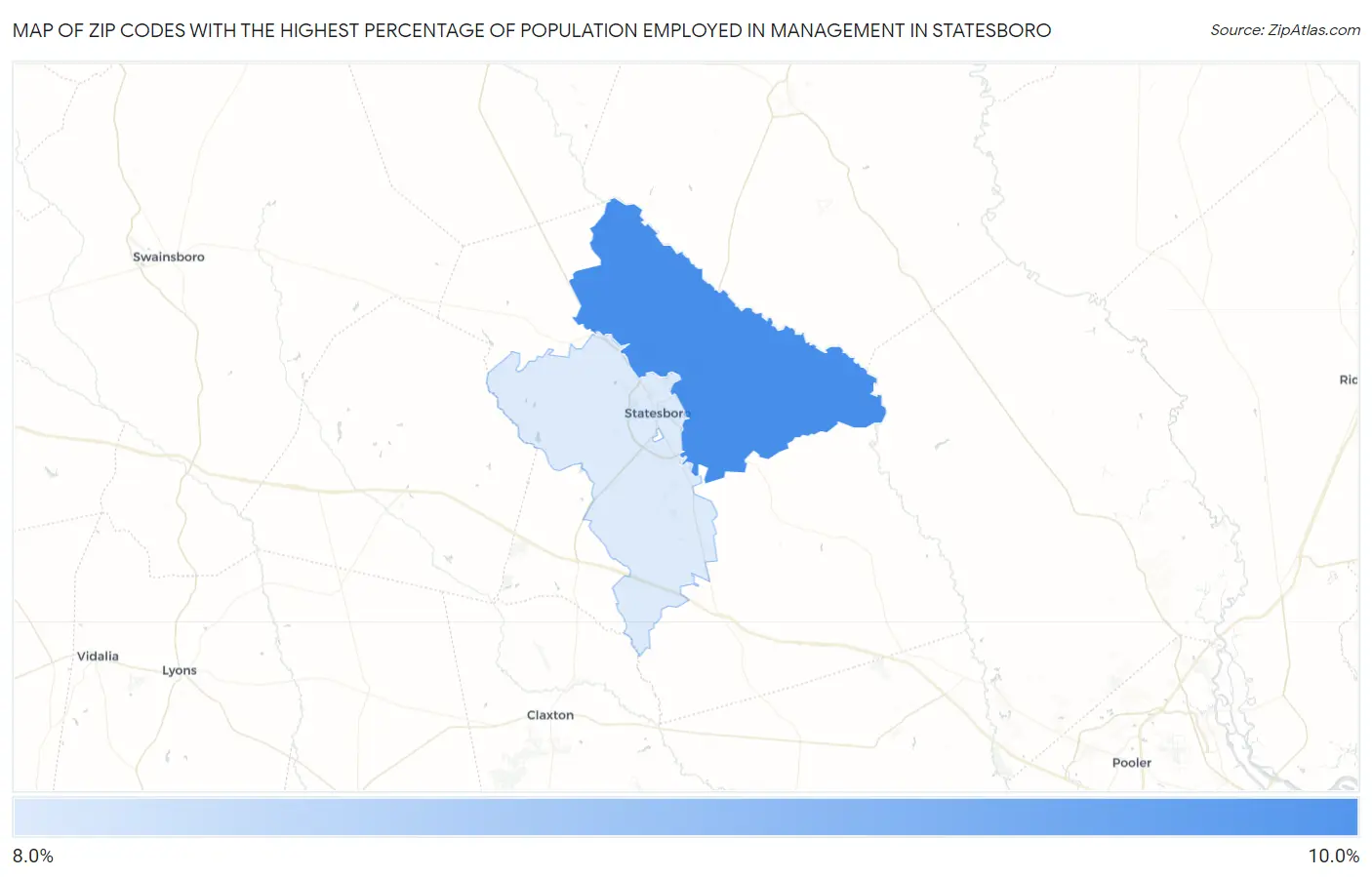 Zip Codes with the Highest Percentage of Population Employed in Management in Statesboro Map