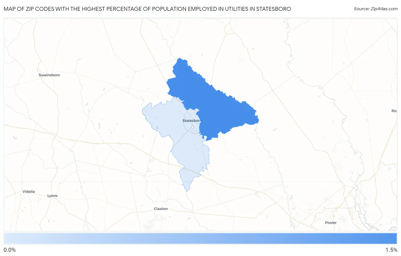 Zip Codes with the Highest Percentage of Population Employed in Utilities in Statesboro Map