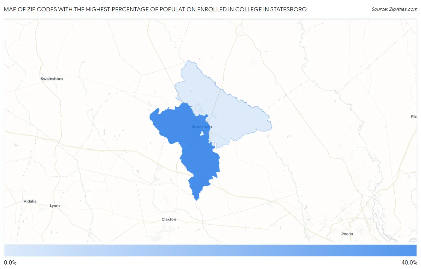 Zip Codes with the Highest Percentage of Population Enrolled in College in Statesboro Map
