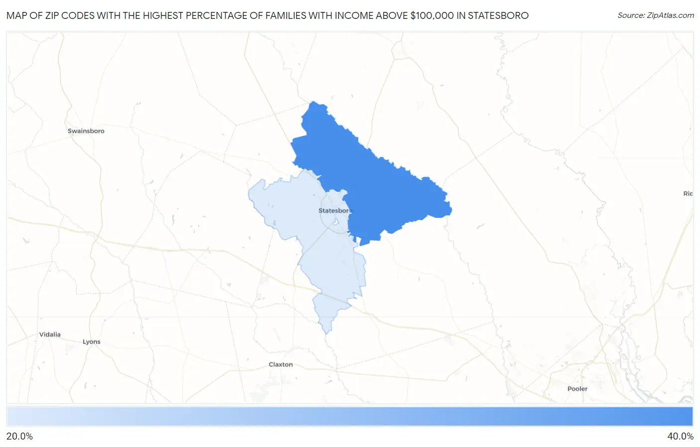 Zip Codes with the Highest Percentage of Families with Income Above $100,000 in Statesboro Map