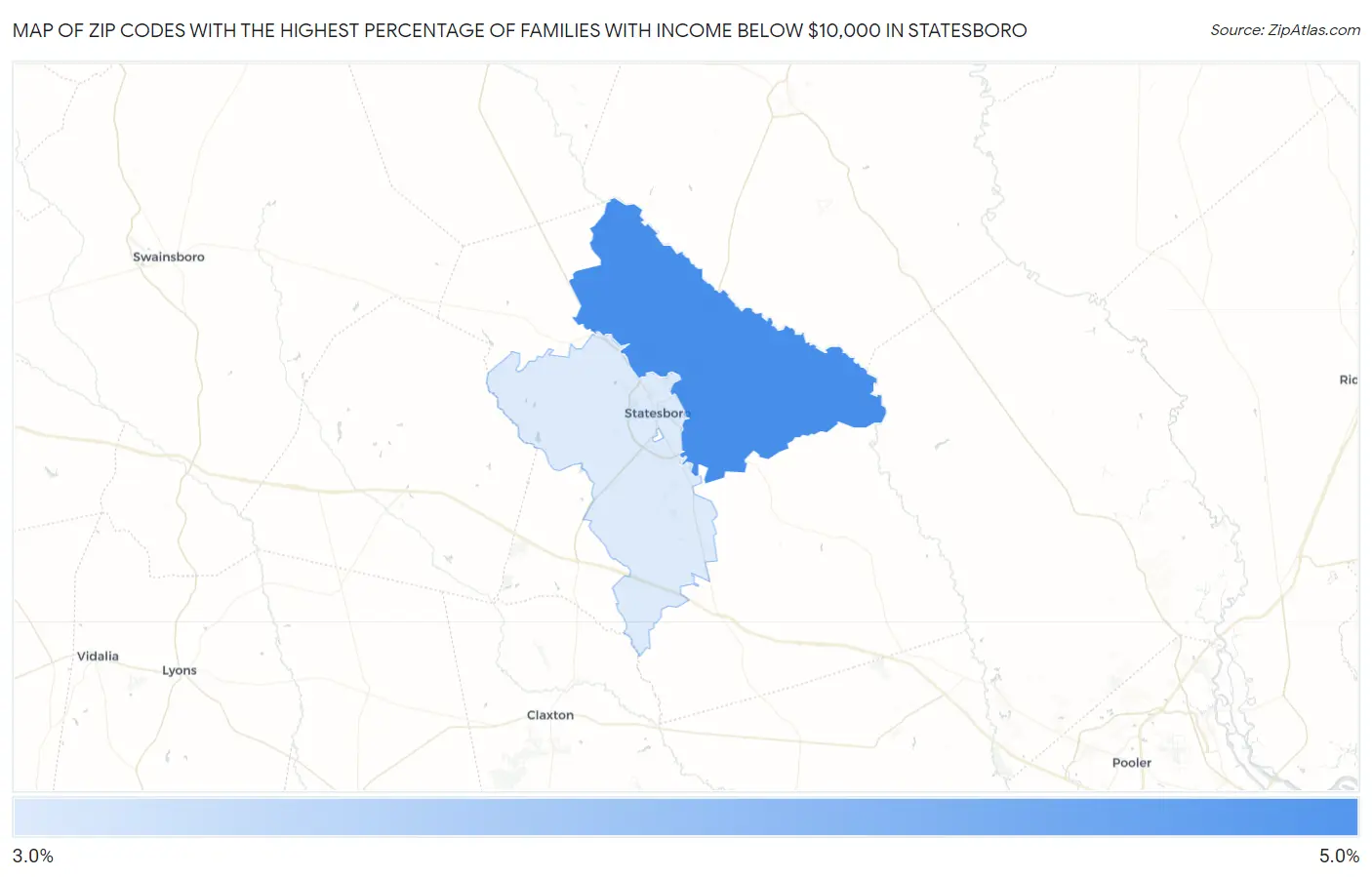 Zip Codes with the Highest Percentage of Families with Income Below $10,000 in Statesboro Map
