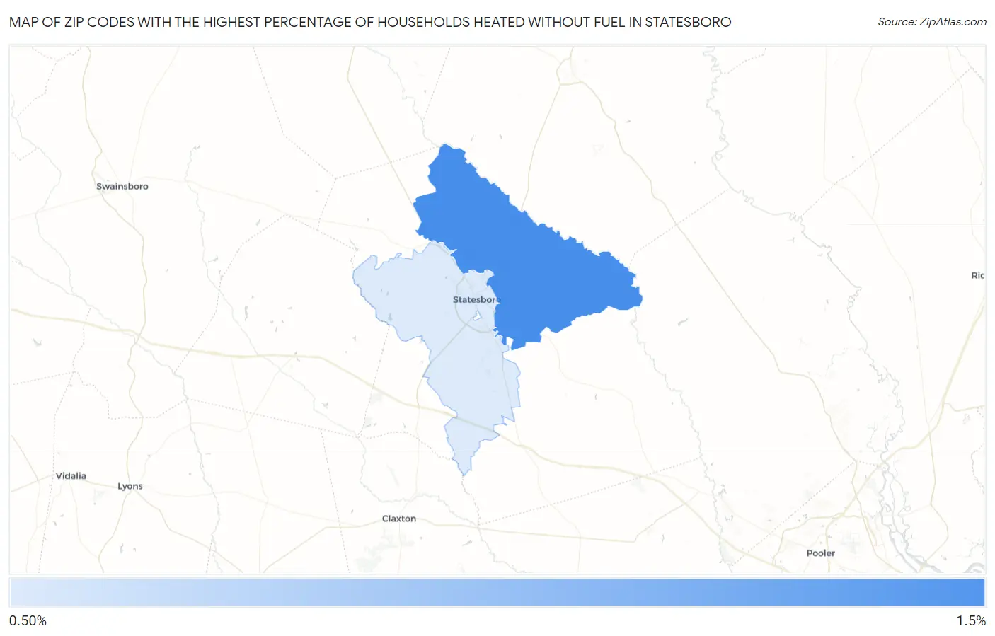 Zip Codes with the Highest Percentage of Households Heated without Fuel in Statesboro Map