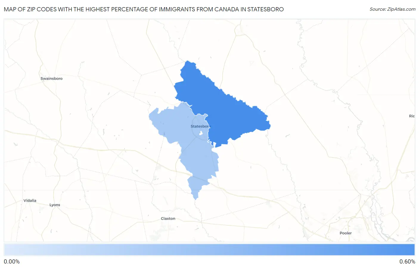 Zip Codes with the Highest Percentage of Immigrants from Canada in Statesboro Map