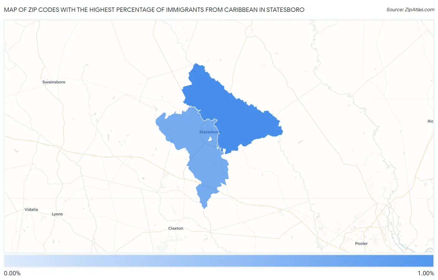 Zip Codes with the Highest Percentage of Immigrants from Caribbean in Statesboro Map