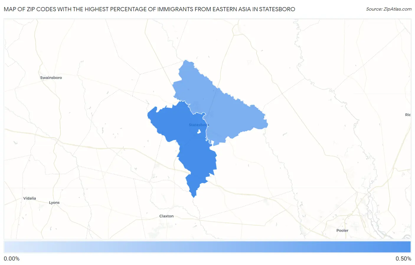 Zip Codes with the Highest Percentage of Immigrants from Eastern Asia in Statesboro Map