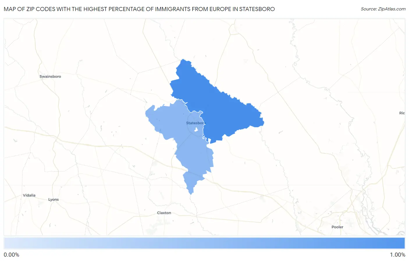 Zip Codes with the Highest Percentage of Immigrants from Europe in Statesboro Map