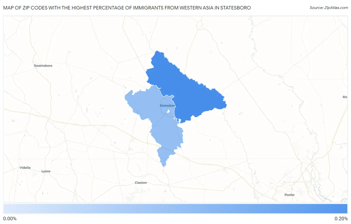 Zip Codes with the Highest Percentage of Immigrants from Western Asia in Statesboro Map