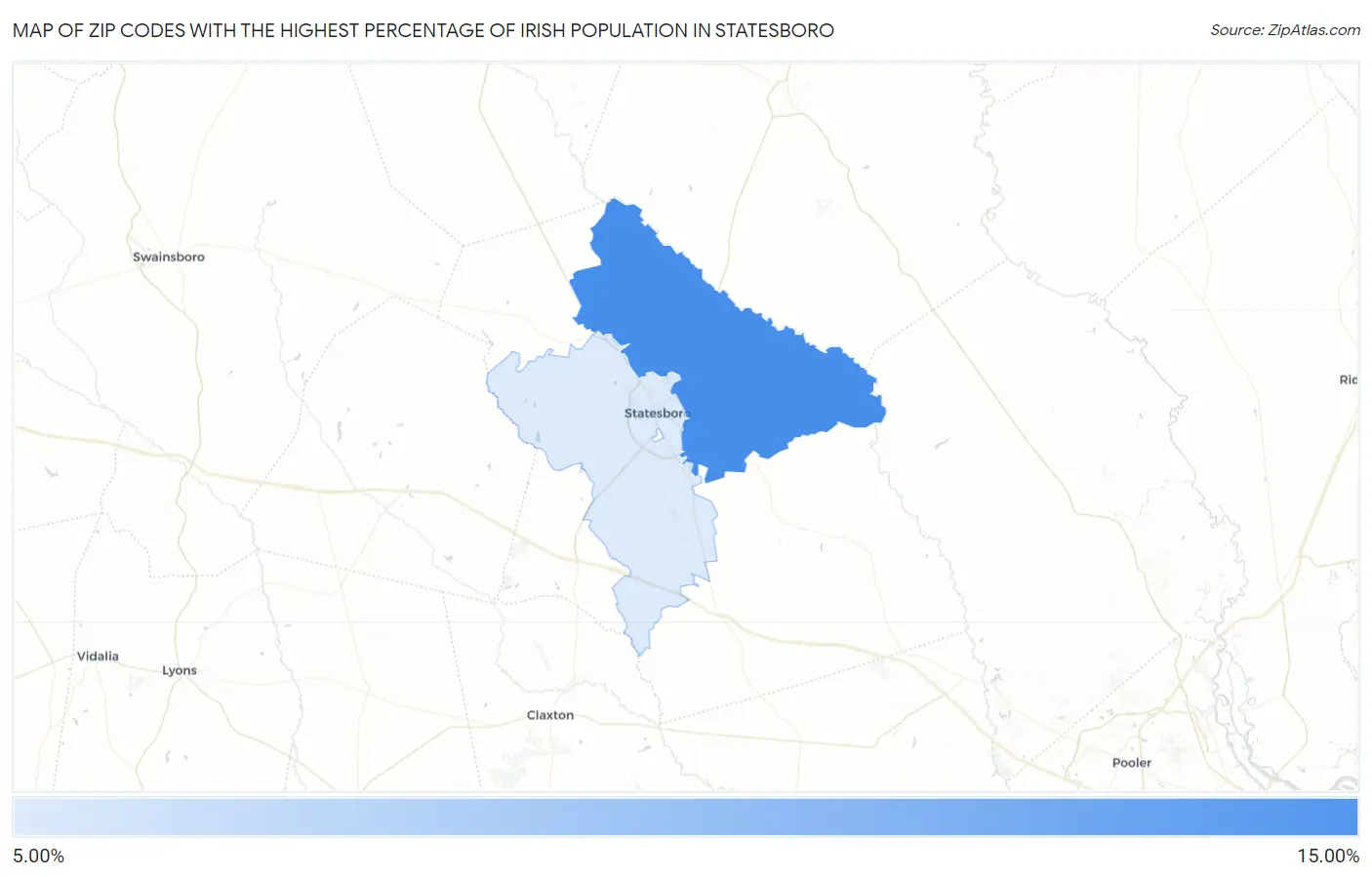 Zip Codes with the Highest Percentage of Irish Population in Statesboro Map