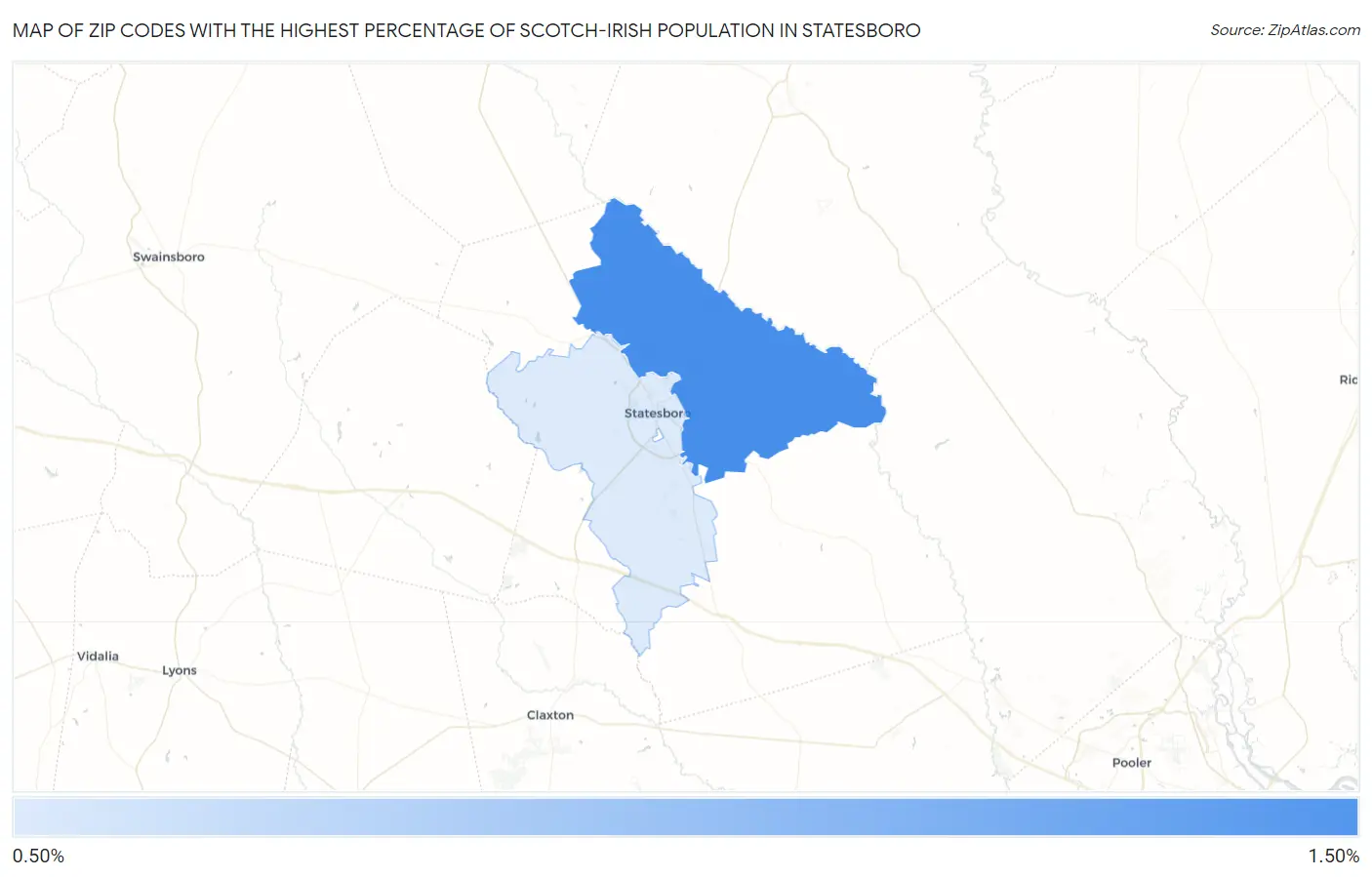 Zip Codes with the Highest Percentage of Scotch-Irish Population in Statesboro Map