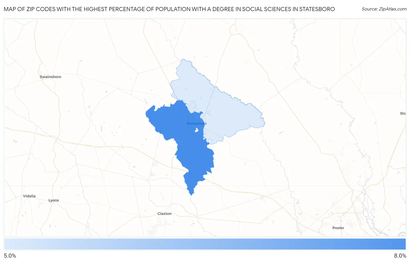 Zip Codes with the Highest Percentage of Population with a Degree in Social Sciences in Statesboro Map
