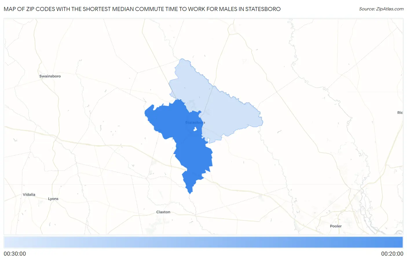 Zip Codes with the Shortest Median Commute Time to Work for Males in Statesboro Map
