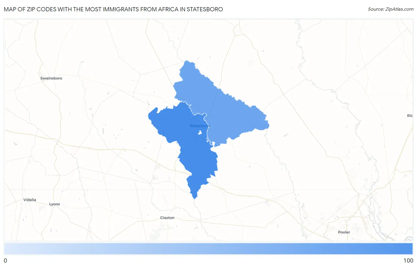 Zip Codes with the Most Immigrants from Africa in Statesboro Map